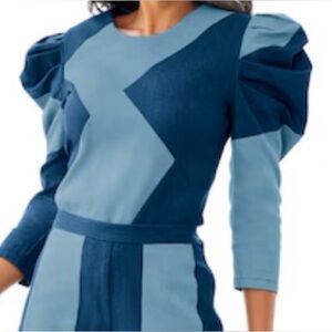 Ashro Denim Puff Sleeve Fitted Women's Blue Patchwork Top Size 20